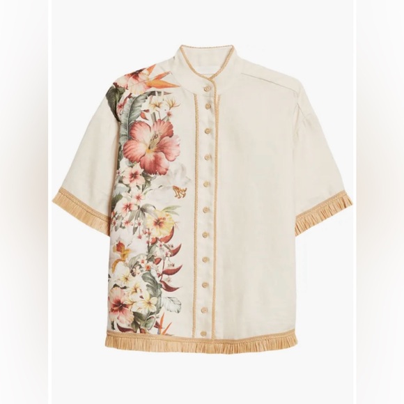 Zimmermann NWT Lexi Tropical Floral Raffia Trim Button-Up Shirt - Picture 6 of 8